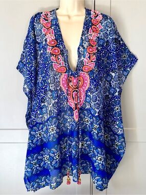 NWT Rise & Bloom Boho Swimsuit Cover Up S/P Blue Front Tie Closure Beaded Tassel
